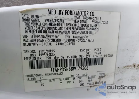 2008 Ford Focus Se/Ses from USA, damaged, VIN 1FAHP35N68W179308